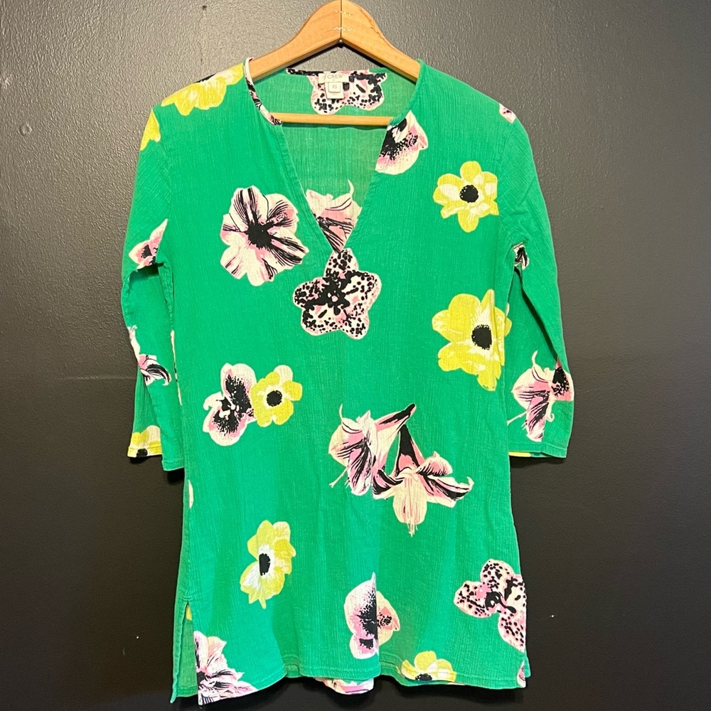 J. Crew Bright Green Floral Cotton Tunic